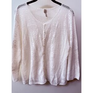 J Jill Womens Open‎ Knit Crochet Cardigan White Button Size M Boho Coastal